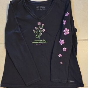 Life is Good Ladies Black Long-Sleeve V-Neck Tee with Pink Floral Flowers